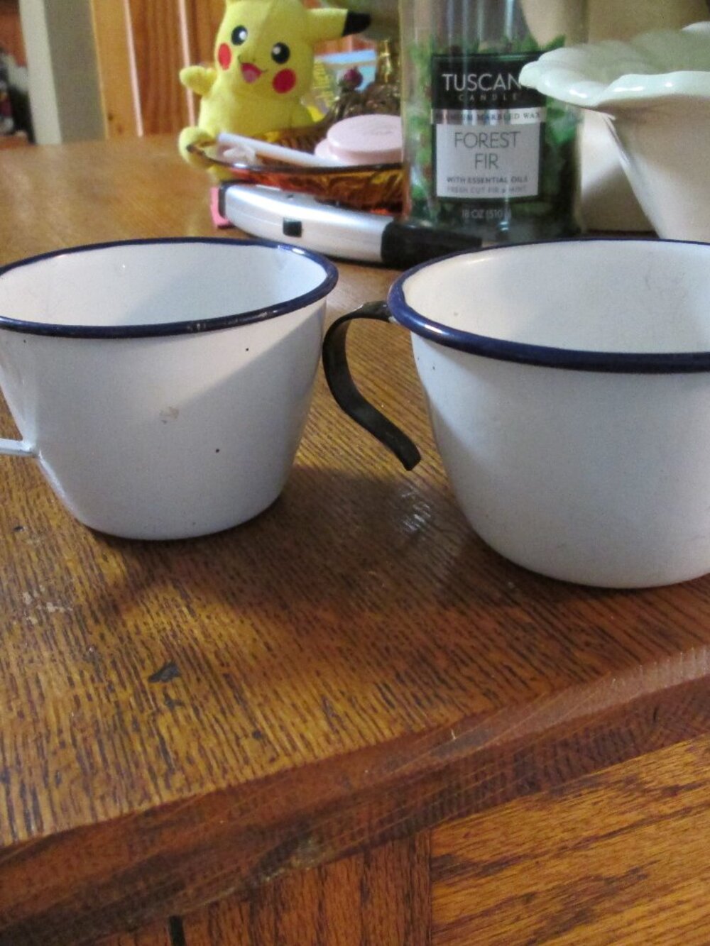 vtg white farmhouse enamelware coffee cups white black trim